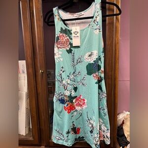 Hibelle Brand New Woman’s Sz S Teal Blue Floral Summer Tank Top Sundress pockets